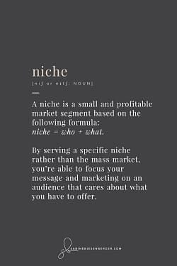 Niche - A niche is a small and profitable market segment based on the following formula: niche = who + what. (Image: Pinterest Niche DefinitionCard)