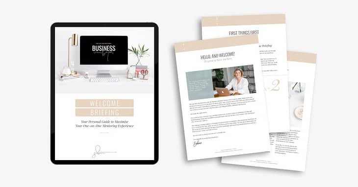 I’d like to show you the coaching welcome packet template I created for my private mentoring clients so that you see the principles I talked about in this blog post in full swing. (Image: Mock-up of my coaching welcome packet)